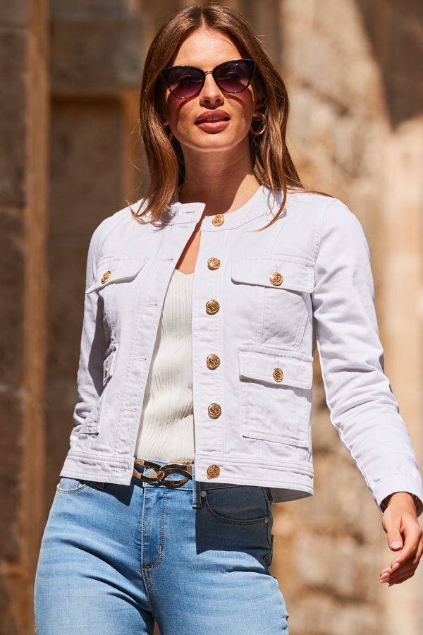 White Round Neck Pocket Front Denim Jacket