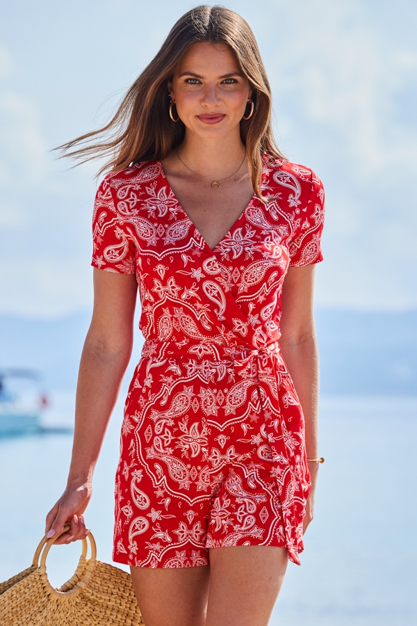 Red Paisley Print Belted Jersey Playsuit With Pockets