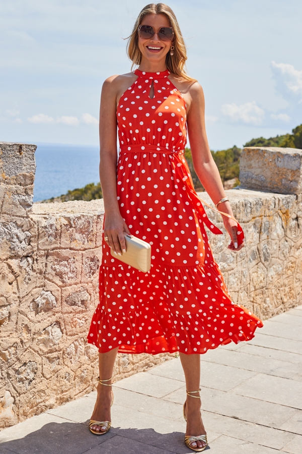 Orange Spot Print Keyhole Detail Midi Dress