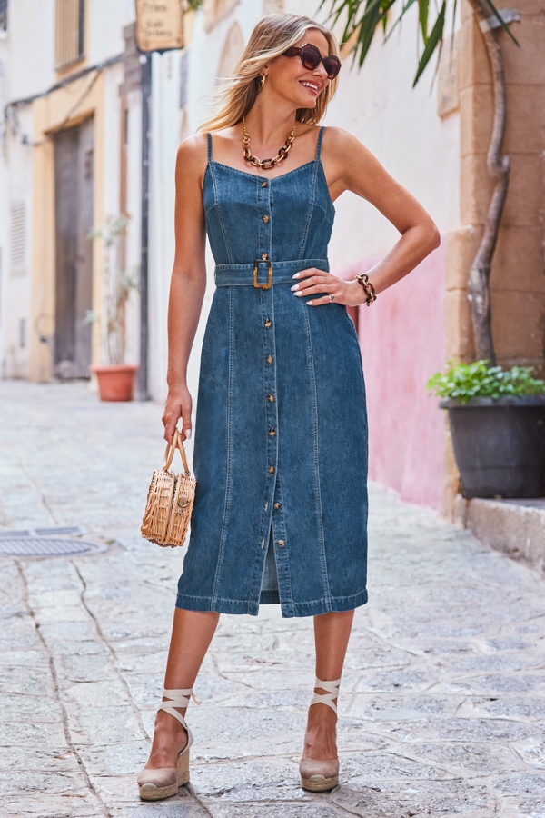 Indigo Blue Button Front Belted Midi Dress