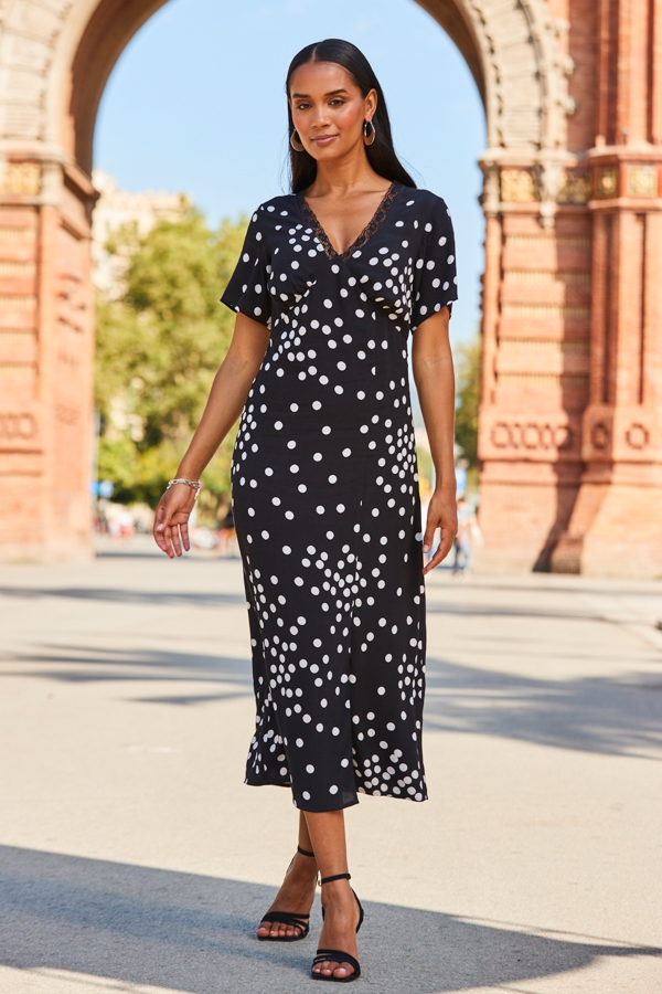 Black & White Spot Print Lace Trim Midi Dress