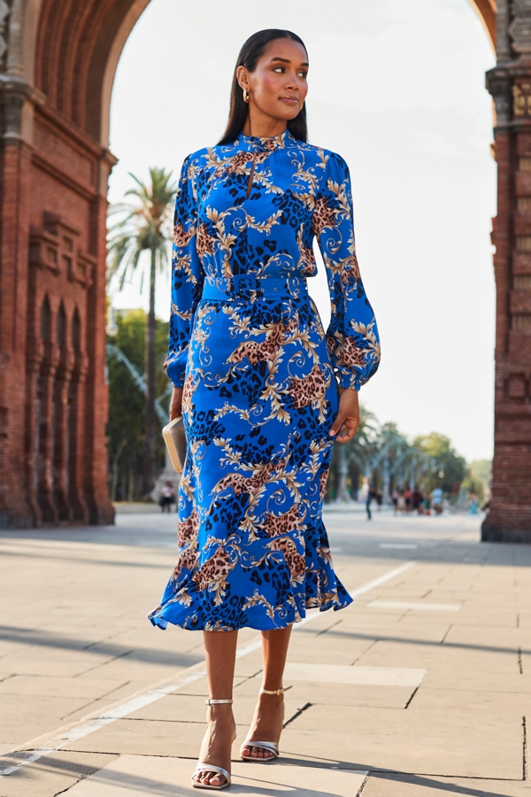 Blue Baroque Print Keyhole Detail Belted Fit & Flare Dress