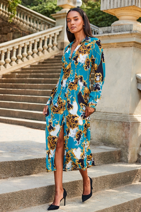Blue Multi Print Midi Shirt Dress