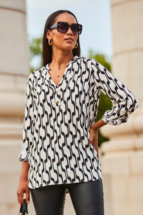 White & Black Geometric Print Button Detail Tunic Top