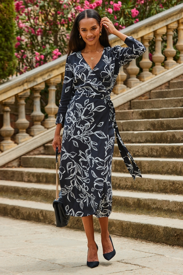 Black Floral Print Ruched Sleeve Midi Wrap Dress