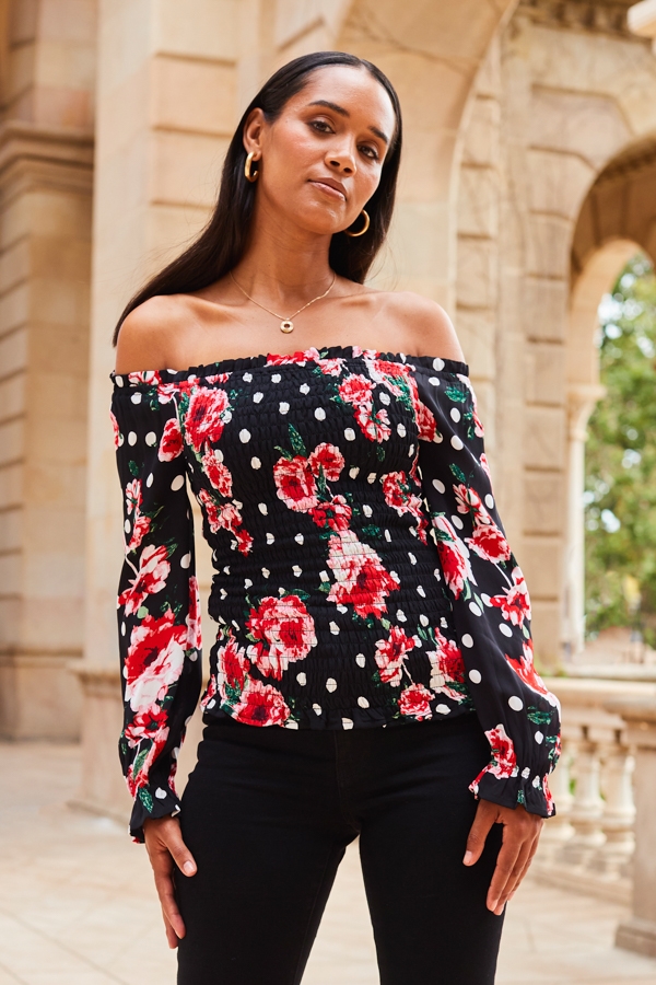 Black & Pink Floral Print Shirred Body Bardot Top