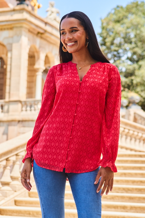 Coral Button Front Longline Textured Blouse