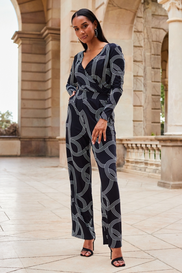 Black Geometric Print Faux Wrap Front Jumpsuit