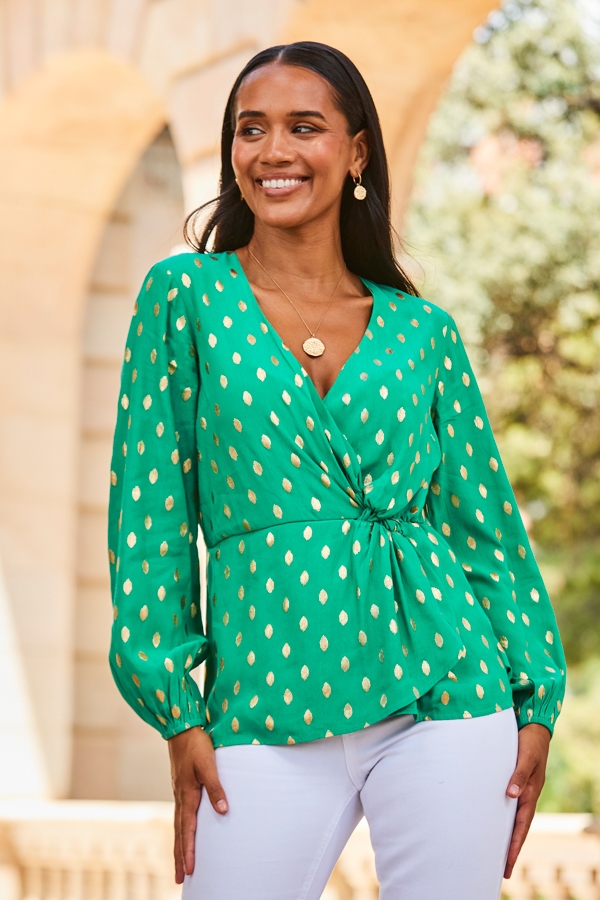 Green Metallic Fleck Print Blouson Sleeve Knot Front Top