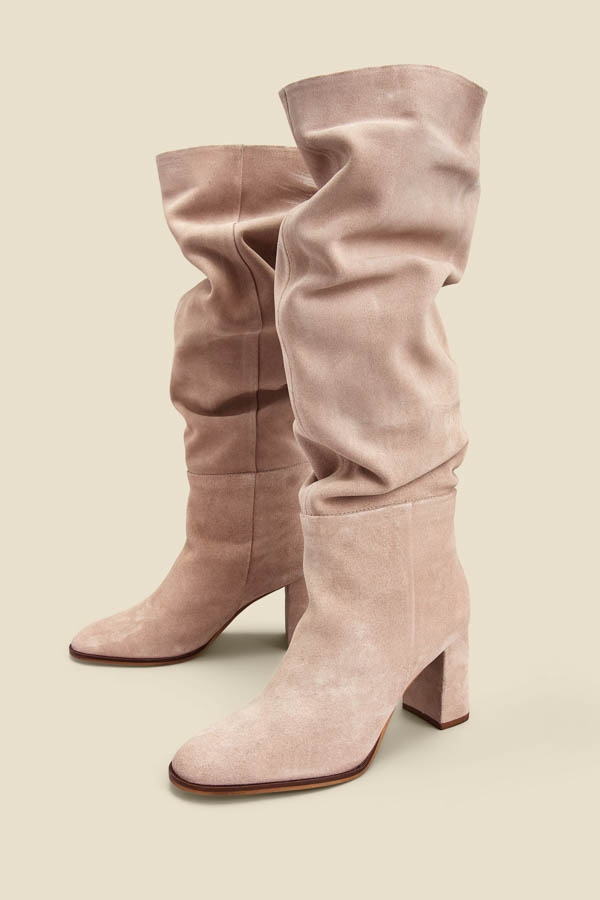 Taupe Suede Block Heel Slouch High Leg Boots
