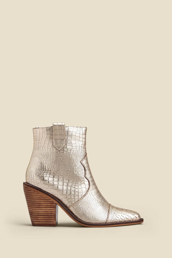 Champagne Gold Croc Leather Tab Detail Western Ankle Boots