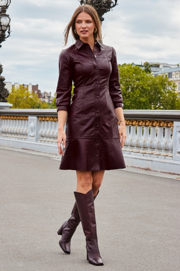 Burgundy Fluted Hem Leather Dress