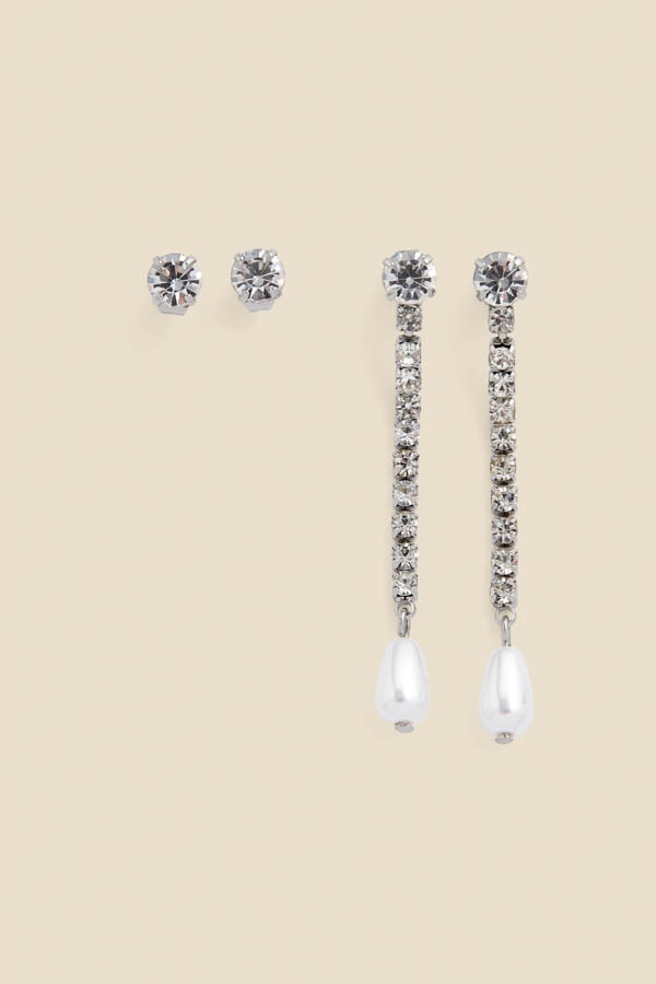 Silver Diamante Stud & Pearl Drop Earrings Set Of Two