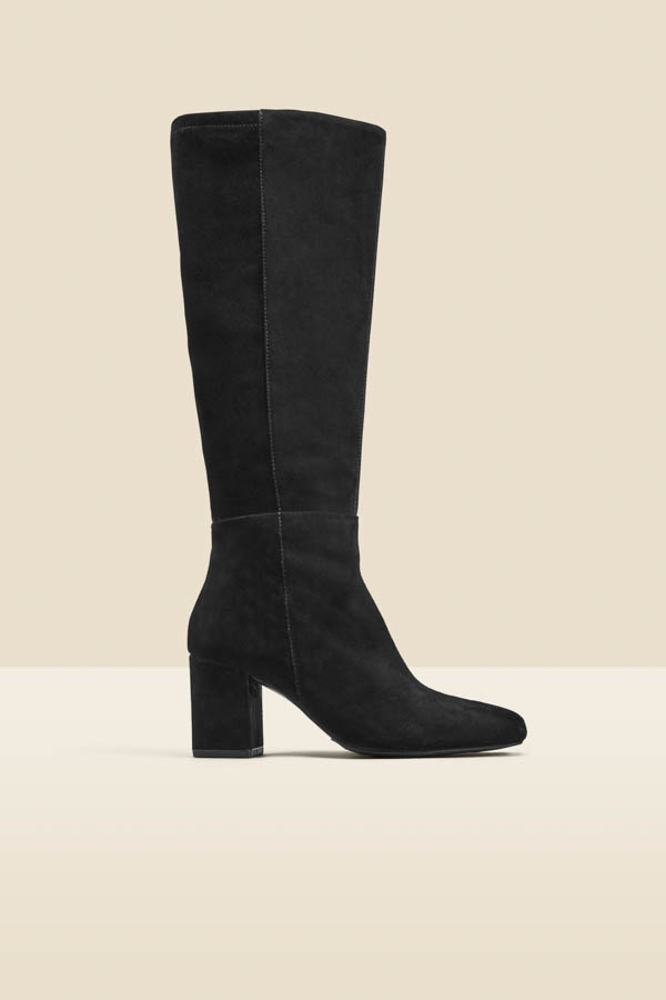 Black Stretch Suede Low Block Heel Knee High Boot