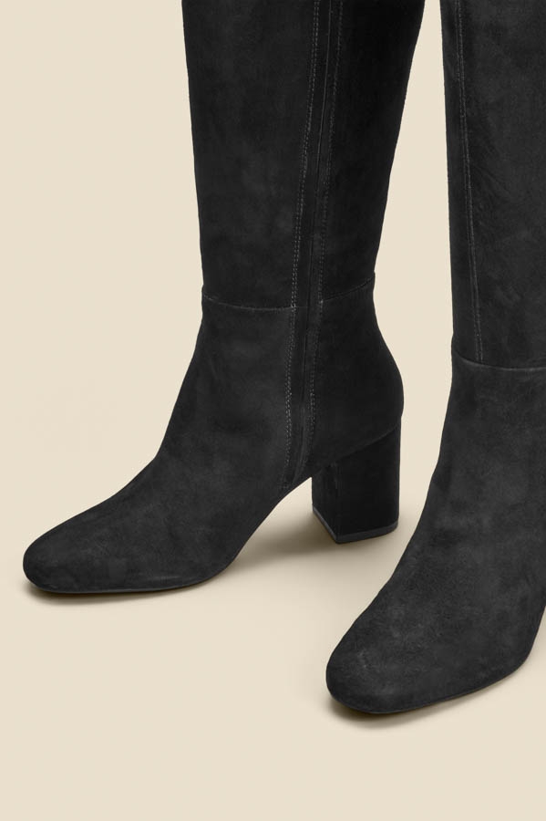 Black Stretch Suede Low Block Heel Knee High Boot