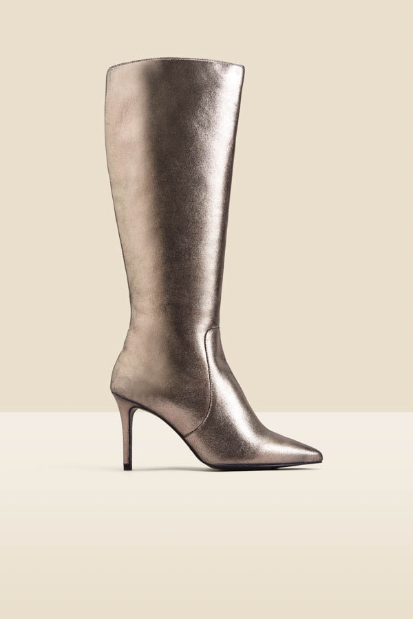 Pewter Leather Stiletto Heel Knee High Boots