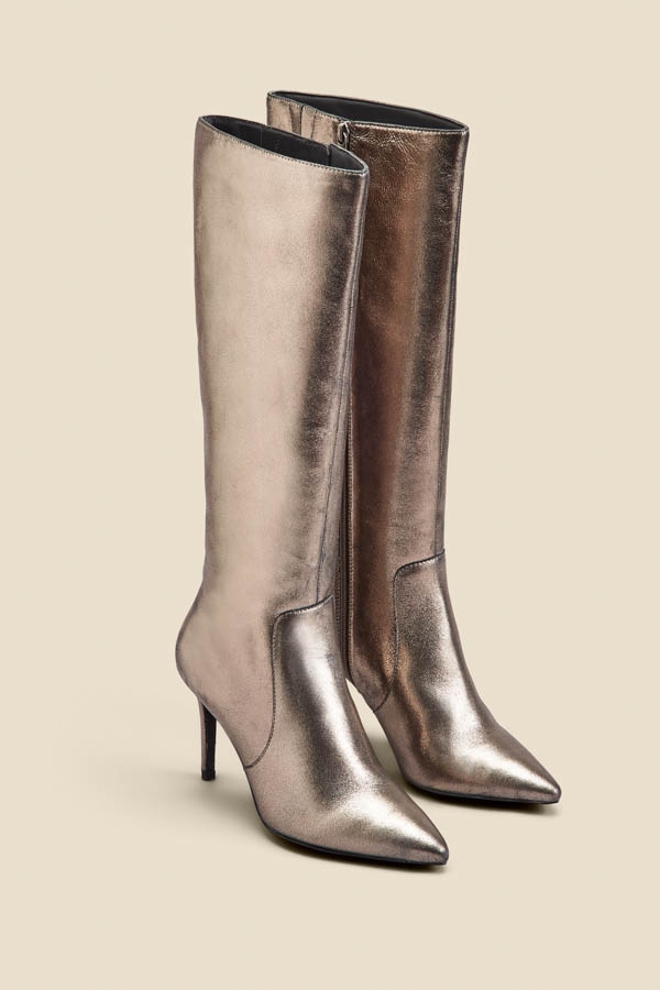 Pewter Leather Stiletto Heel Knee High Boots