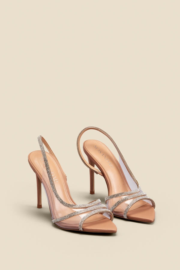 Nude Perspex Diamante Trim Pointed Toe Slingback Court Shoe