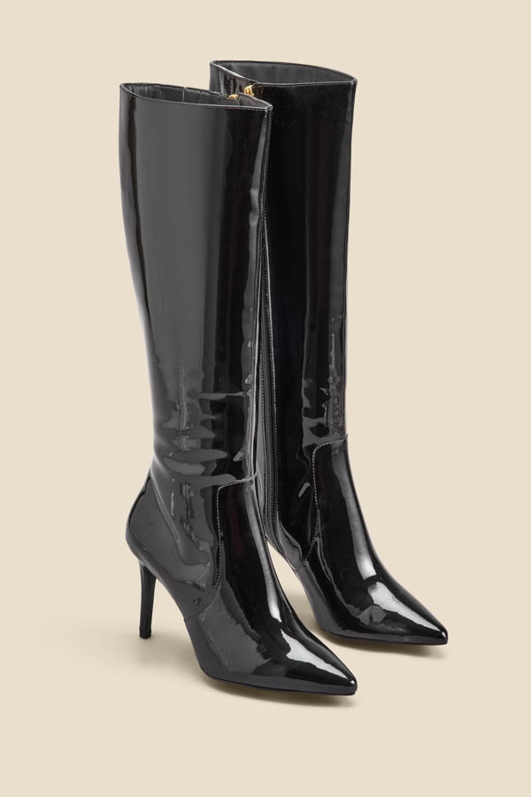 Black Patent Leather Stiletto Knee High Boots
