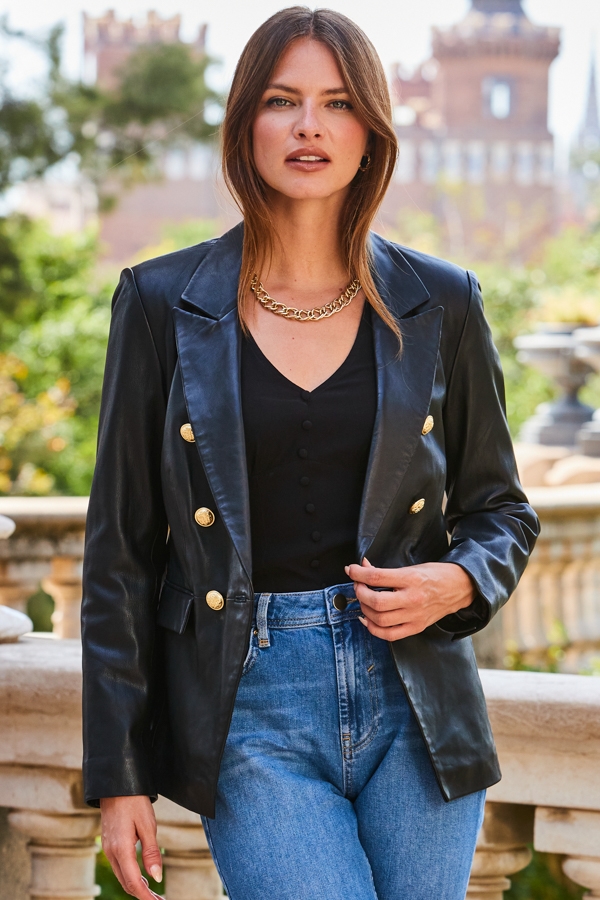 Black Leather Blazer With Gold Button Detail