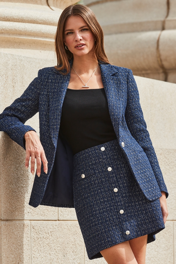 Navy Blue Metallic Boucle Blazer
