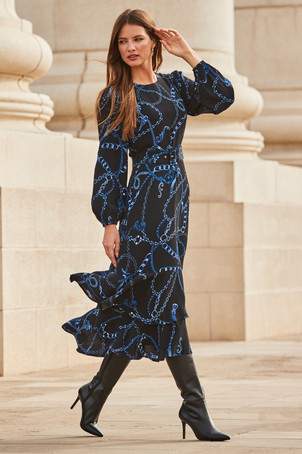 Black & Blue Chain Print Ruffle Hem Fit & Flare Dress