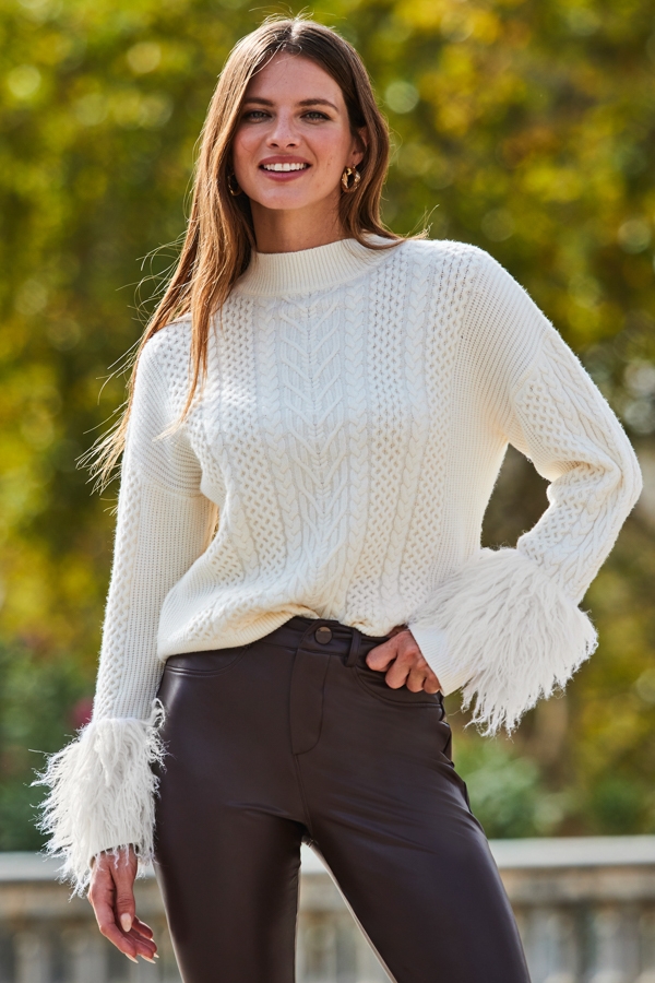 Cream Cable High Neck Faux Fur Cuff Jumper