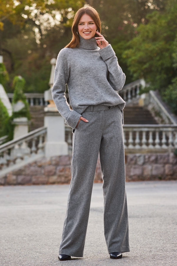 Grey Wool Blend Wide Leg Trousers
