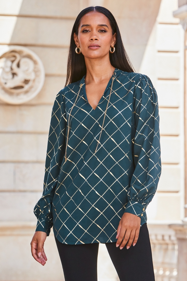 Green & Gold Check Print Chain Lace Up Blouse
