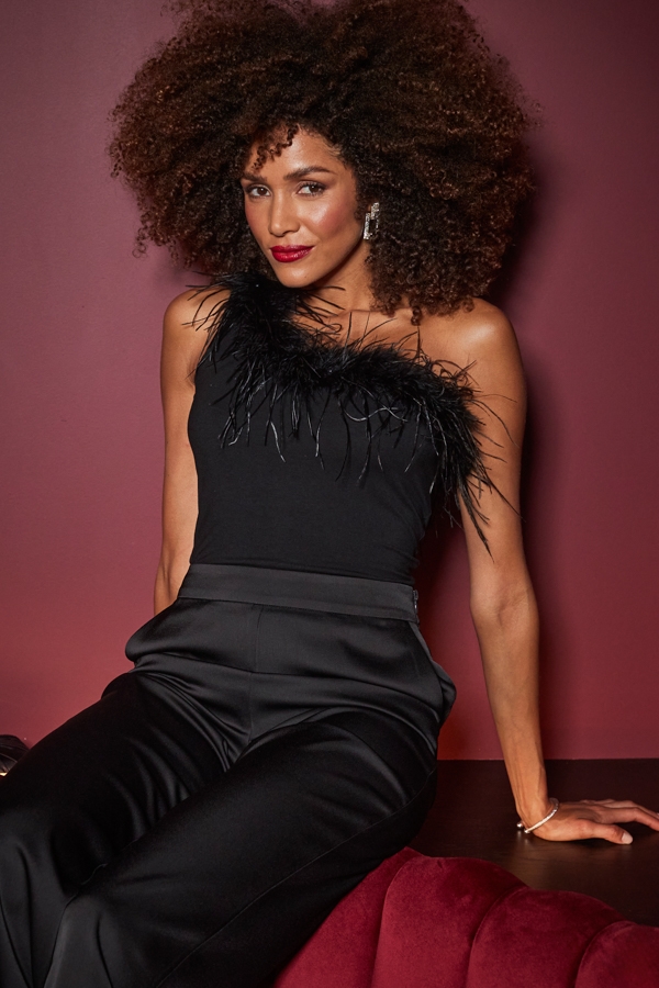 Black One Shoulder Feather Trim Top