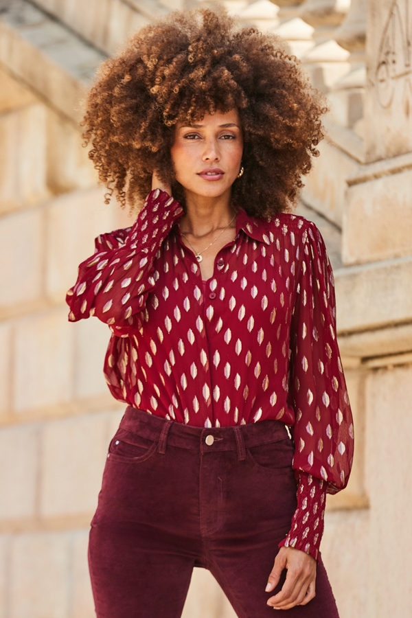 Red & Gold Metallic Spot Print Blouson Sleeve Shirt
