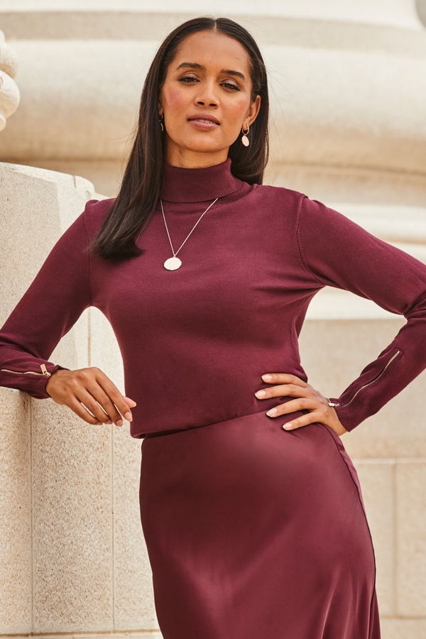 Wine Roll Neck Gold Zip Detail Jumper