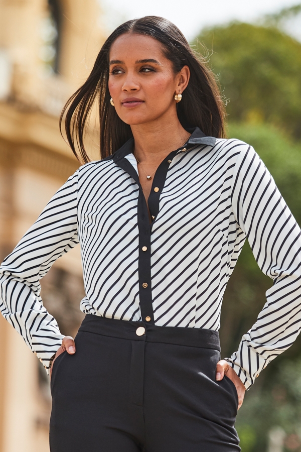Black & White Stripe Print Contrast Trim Shirt