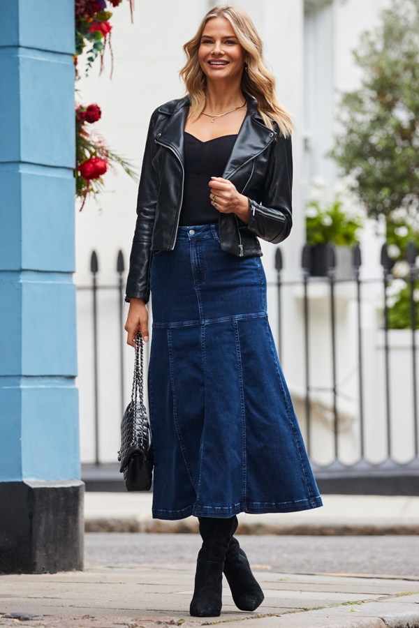 Dark Indigo Blue Panelled Denim Midi Skirt