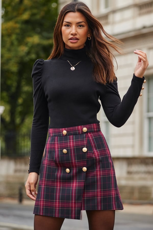 Red & Black Checked A-Line Skirt With Button Detail