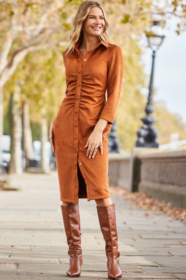 Tan Ruched Front Faux Suede Midi Shirt Dress