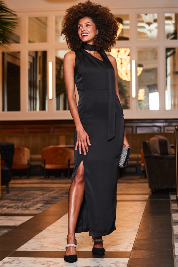 Black One Shoulder Tie Neck Satin Maxi Dress