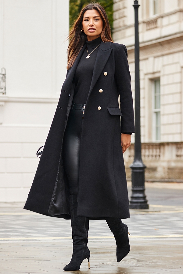 Black Double Breasted Longline Coat