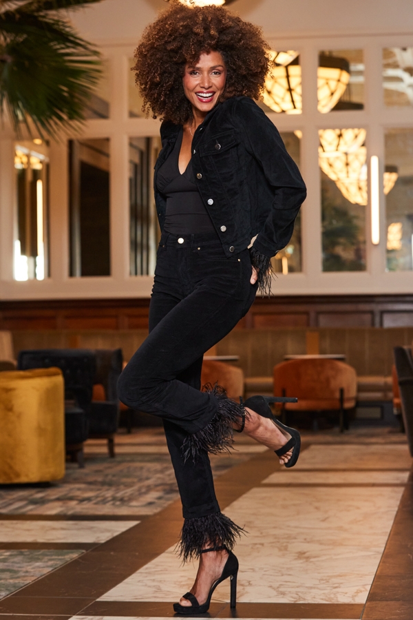 Black Velvet Feather Hem Slim Leg Jeans