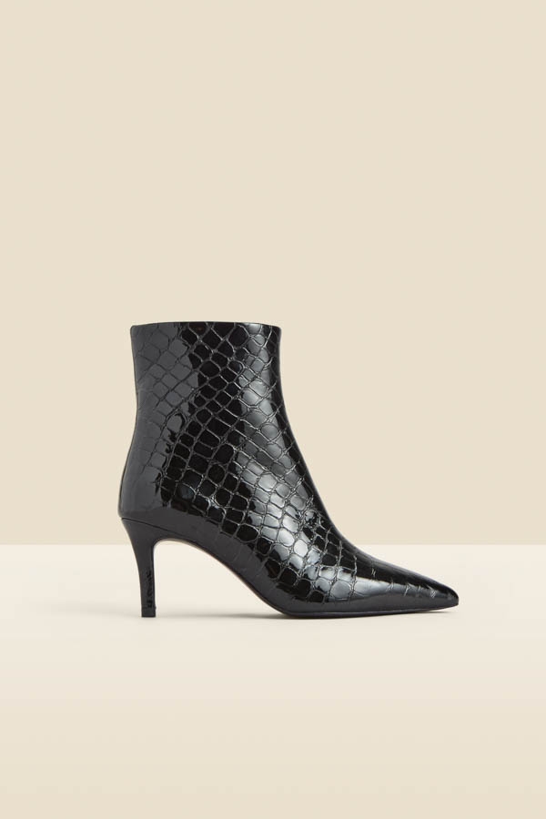 Black Croc Leather Mid Heel Ankle Boot