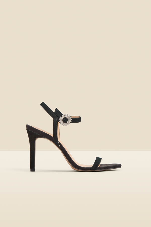 Black Suede Diamante Buckle Square Toe Sandal
