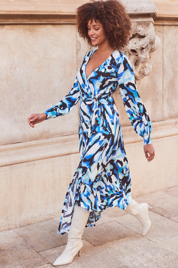 Blue & Black Abstract Print Blouson Sleeve Wrap Jersey Midi Dress