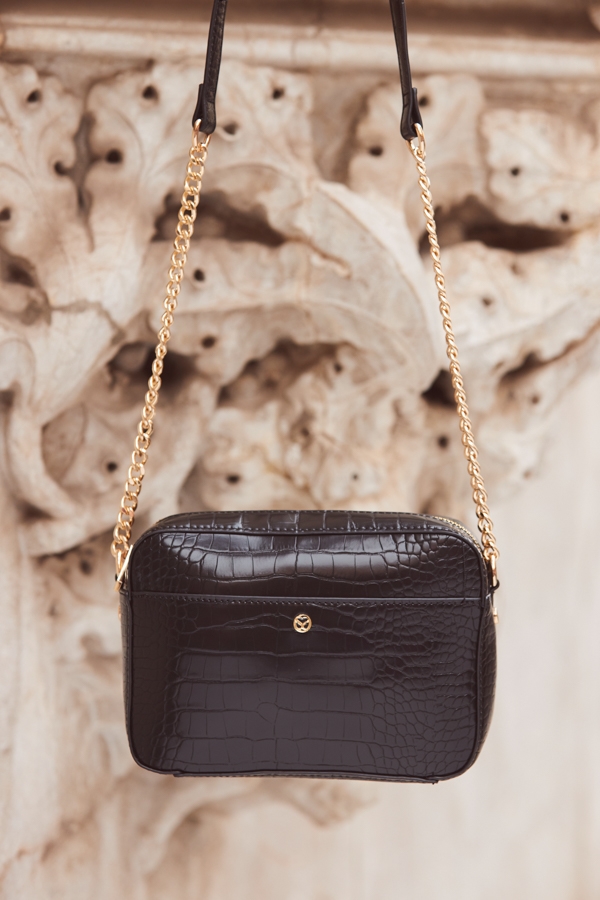 Black Croc Faux Leather Chain Detail Cross Body Bag