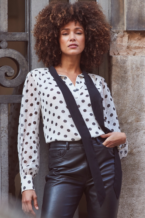 Ivory & Black Spot Print Tie Neck Blouse