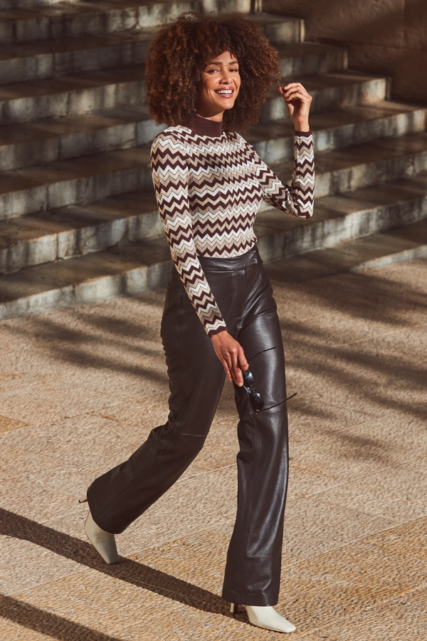 Chocolate Brown Metallic Chevron High Neck Jumper