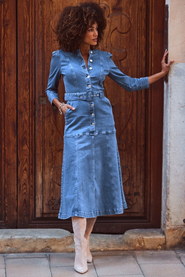 Mid Blue Panelled Detail Button Front Denim Dress