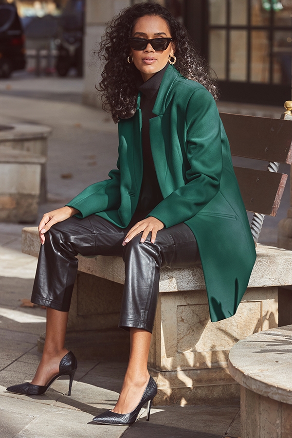 Green Faux Wool Notch Neck Coat