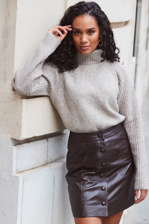 Mocha Brown Stitch Detail Roll Neck Jumper