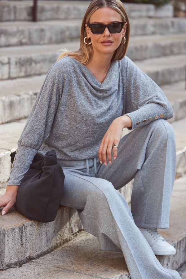 Grey Marl Cowl Neck Button Sleeve Jersey Top