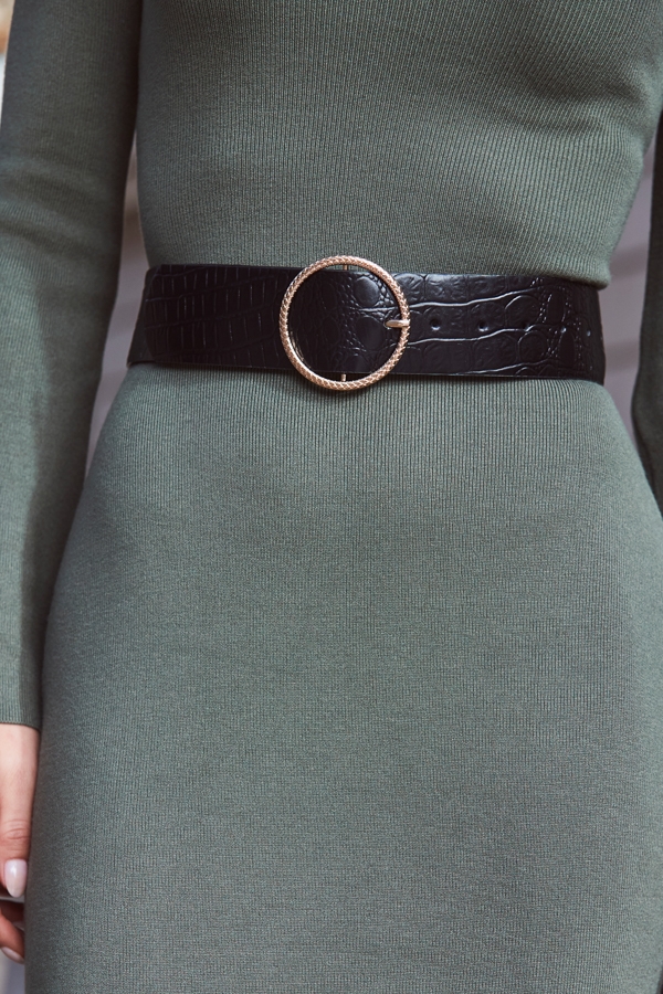 Black Croc Leather Belt With Round Buckle